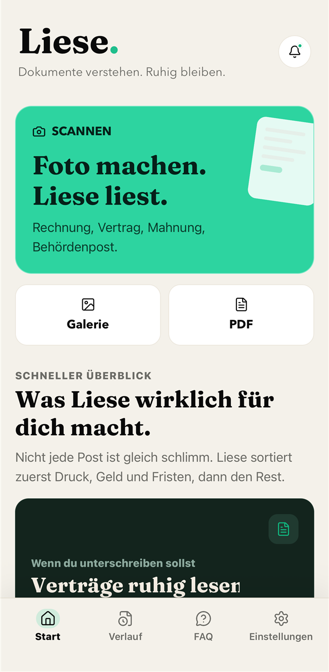 Liese App Startbildschirm: Foto machen, Liese liest. Scannen, Galerie und PDF.