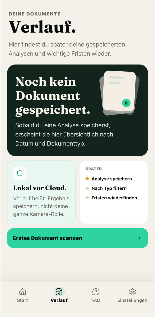 Liese App Verlauf: Lokal vor Cloud. Noch kein Dokument gespeichert.